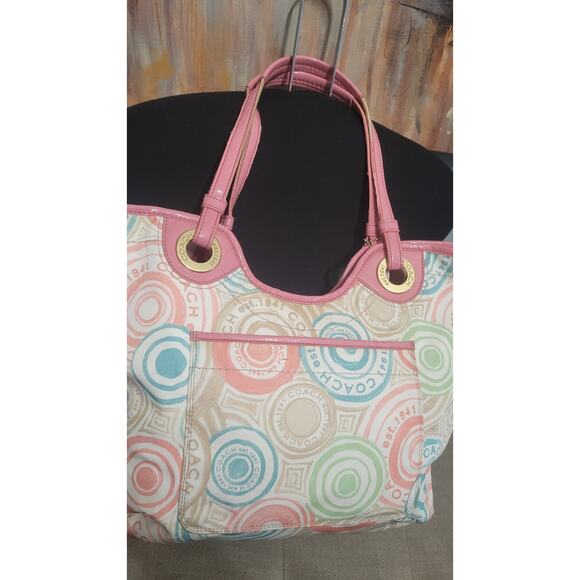 Coach Scribble Pop Art Tote Bag F19184 Pink Patent Leather Trim Shoulder Purse - Picture 4 of 15